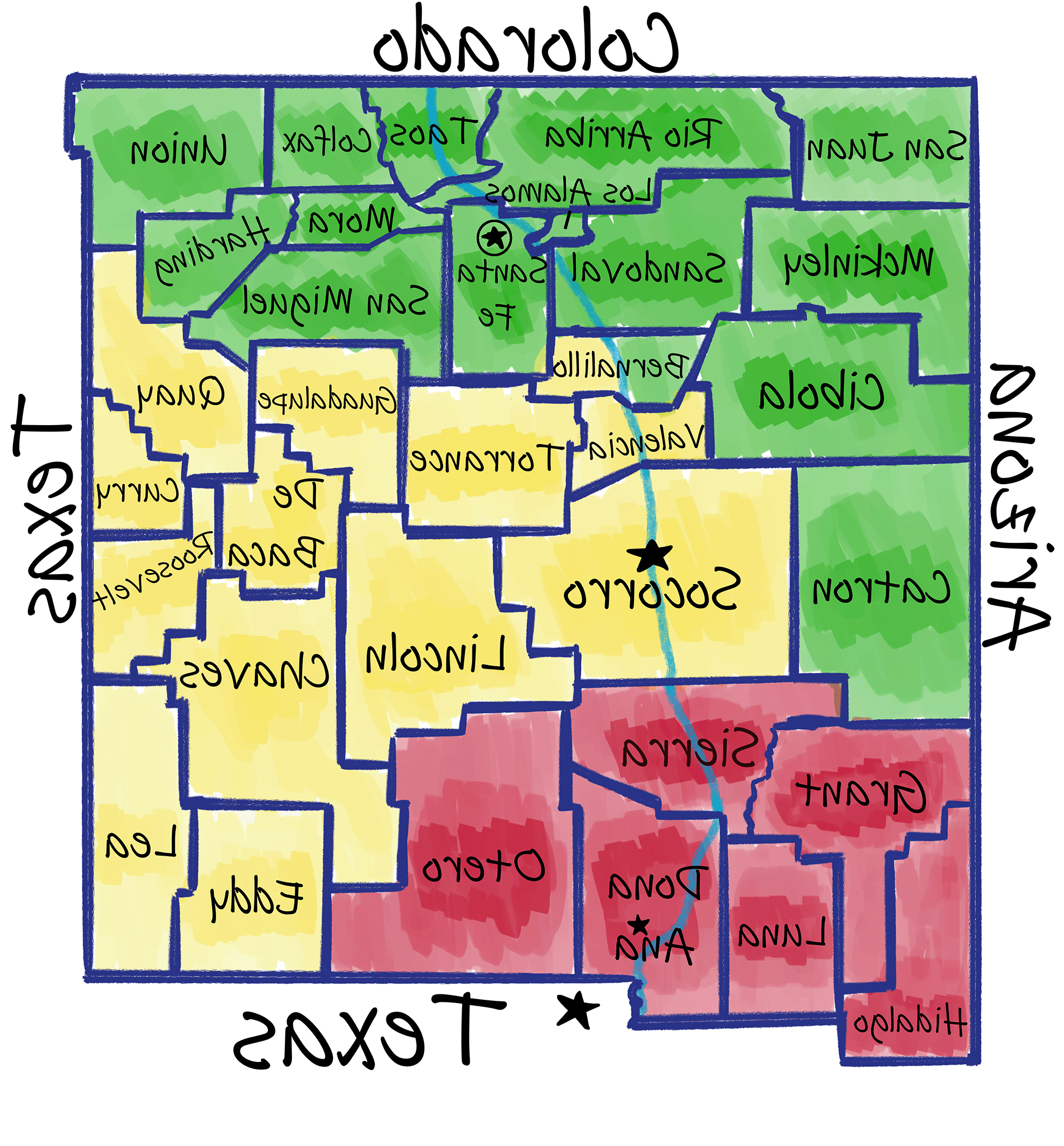 新墨西哥州的县地图，用颜色编码来指定招聘人员覆盖的范围.